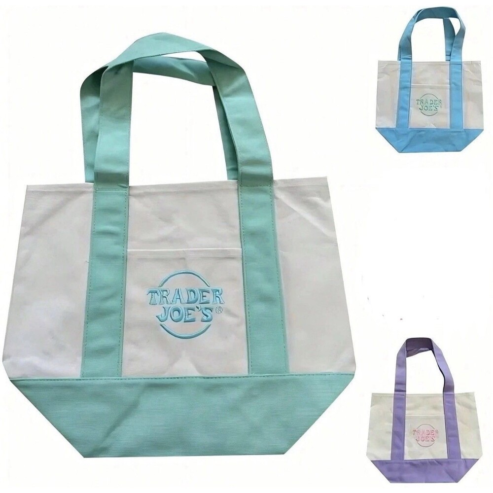Set of 3 Trader Joe's Mini Canvas Tote Bags Green, Purple, Blue Limited Edition